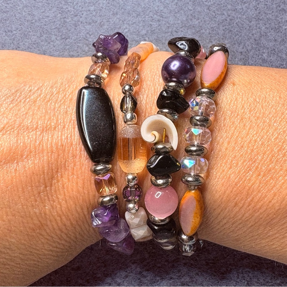 4-Pc Artisan Hand Crafted Bead Bracelet Set Glass & Stone Beads Pink, Purple